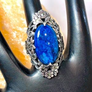 Art Nouveau Sterling Silver Floral Design with Blue Lapis & Marcasite Ring
